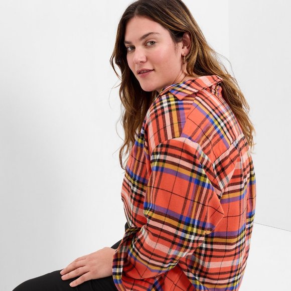 GAP - Button-Up Flannel Big Shirt 439301: Orange Tartan Plaid Red: Medium Petite - Picture 4 of 15